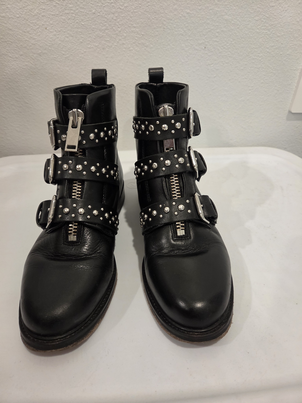 Maje Black Leather Studded Moto Biker Boots Sz 37